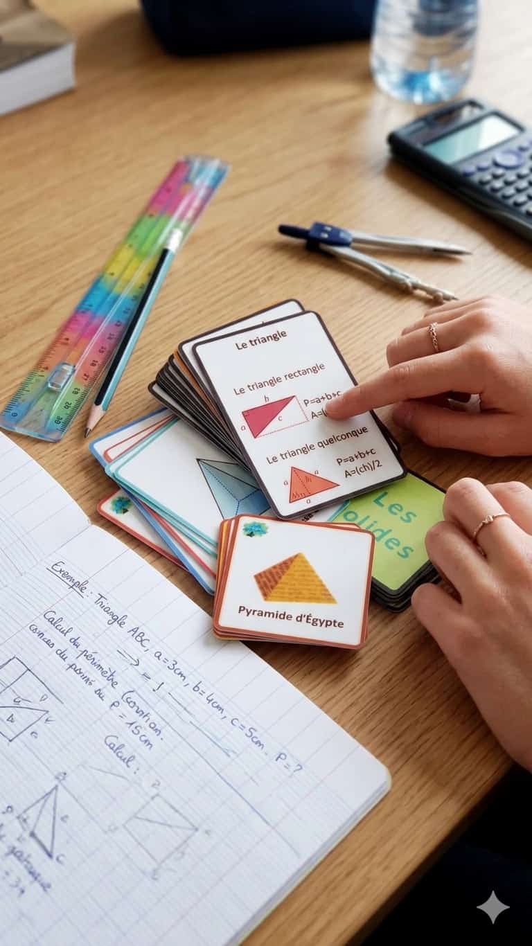 Jeu de Géométrie Les Solides Aires et Volumes cartes pédagogiques formules mathématiques ancrage visuel manipulation